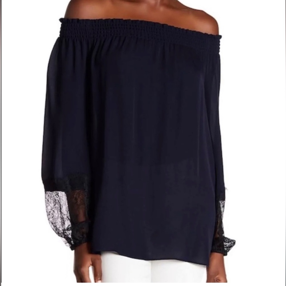 NEW Kobi Halperin Ashlyn 100% Silk Navy Blouse with Black Lace Detail